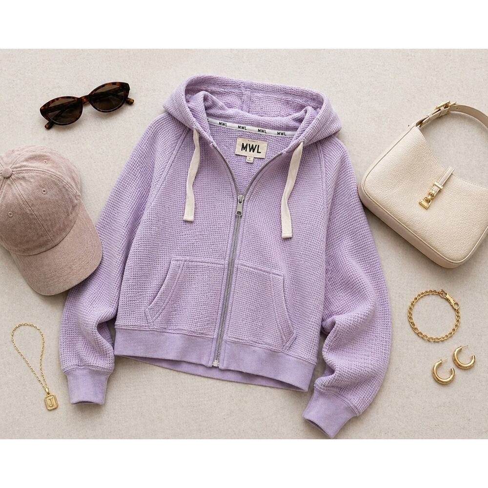 Madewell MWL Waffle Knit Zip Hoodie Purple Cropped Relaxed Small Travel Lounge